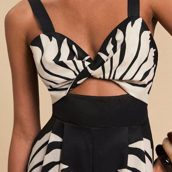 Black And White Casual Women's Vacation Woven Printed Loose Jumpsuit - Picture 4 of 6